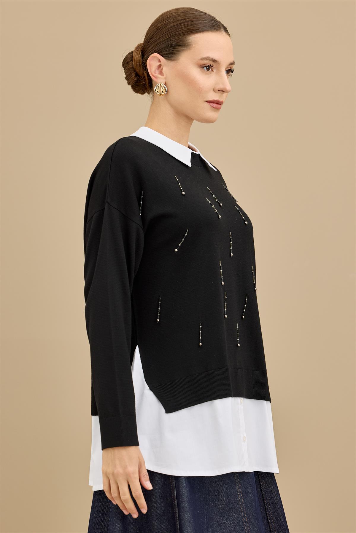 Boncuk İşlemeli Gömlek Detaylı Tunik SİYAH