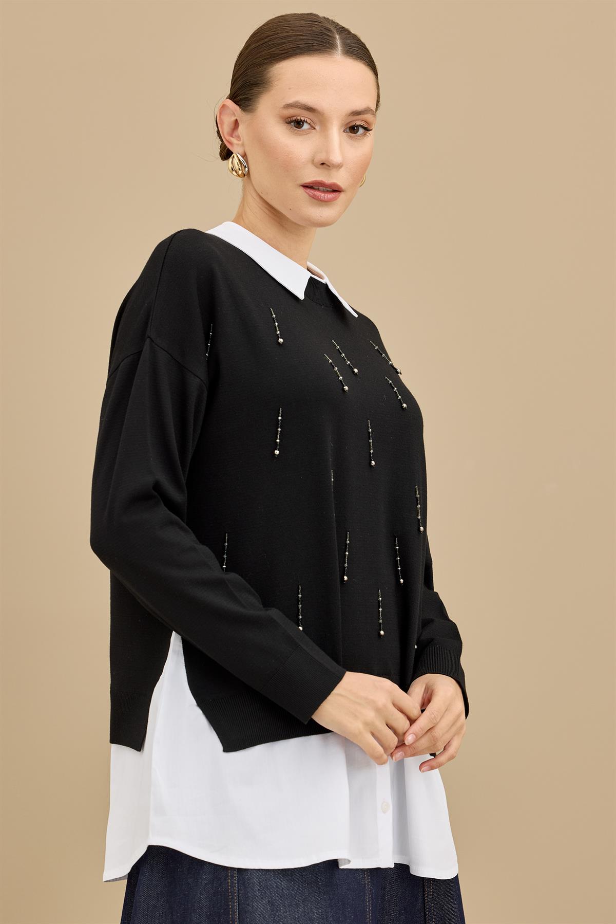 Boncuk İşlemeli Gömlek Detaylı Tunik SİYAH