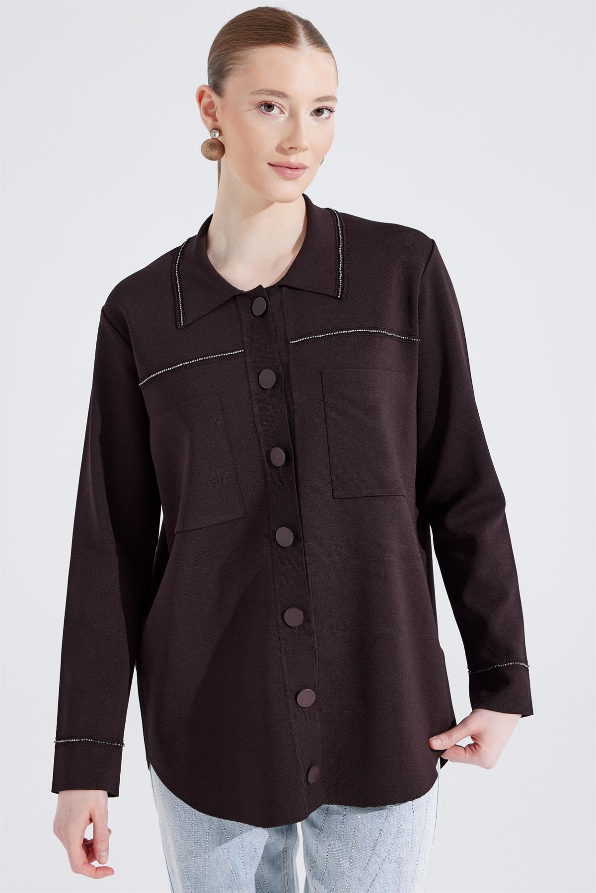Cep Detaylı Polo Yakalı Rayon Triko Hırka KAHVE