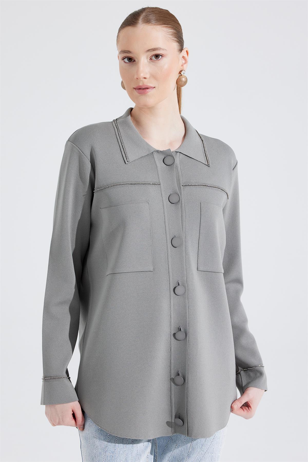 Cep Detaylı Polo Yakalı Rayon Triko Hırka GRİ