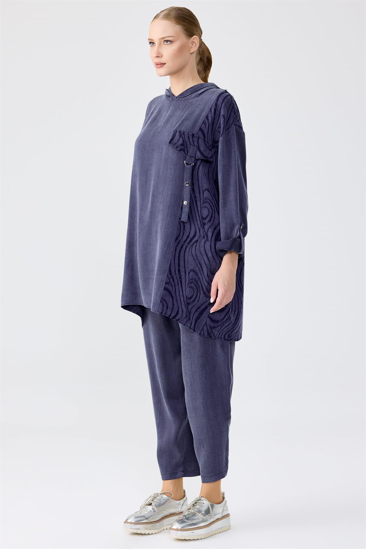 Cep Kapağı Detaylı Kapüşonlu Tunik Pantolon Takım LACİVERT