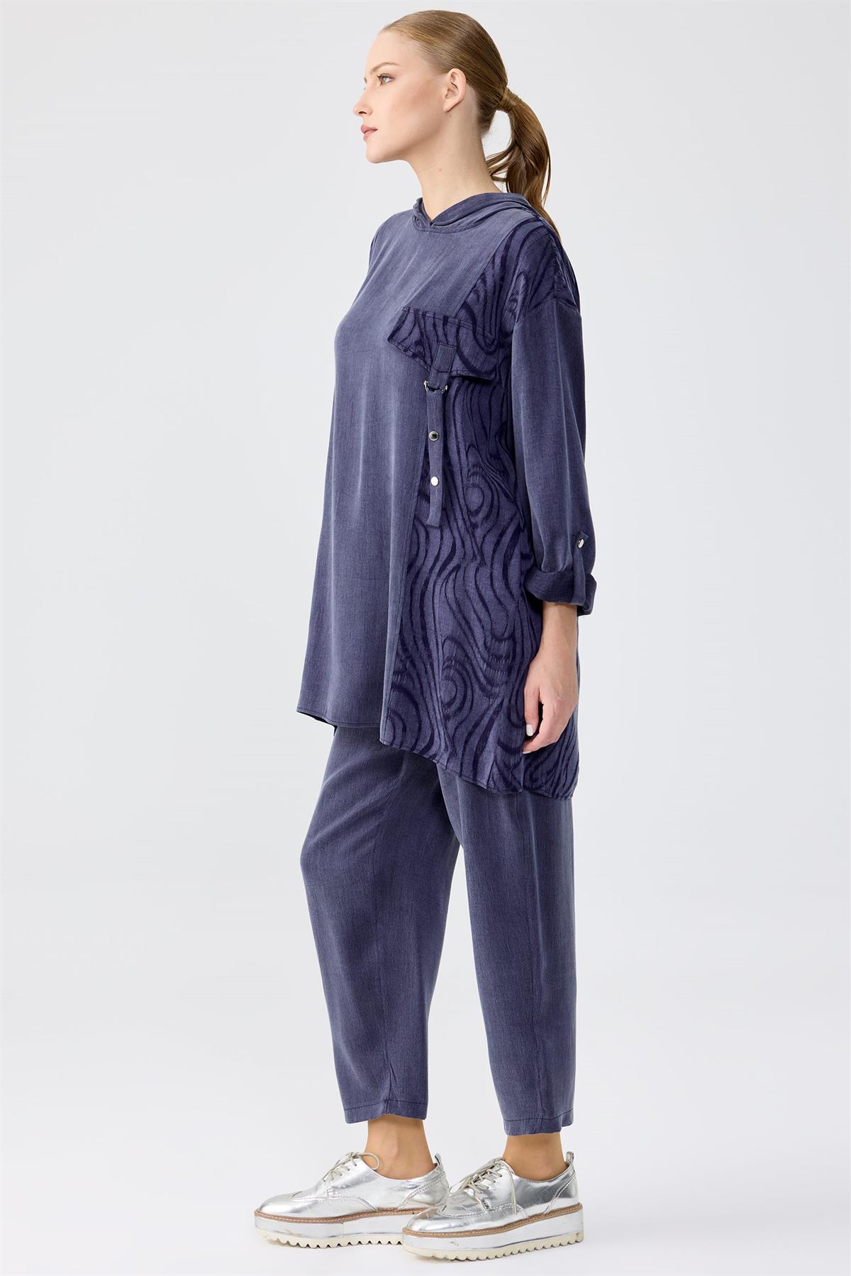 Cep Kapağı Detaylı Kapüşonlu Tunik Pantolon Takım LACİVERT