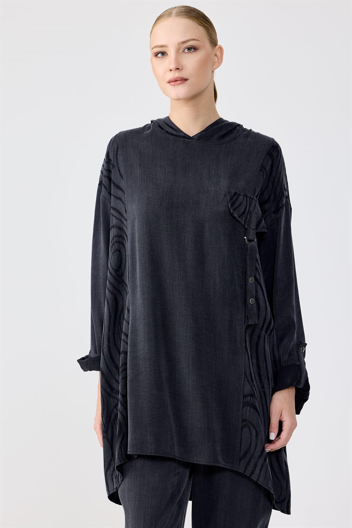 Cep Kapağı Detaylı Kapüşonlu Tunik Pantolon Takım SİYAH