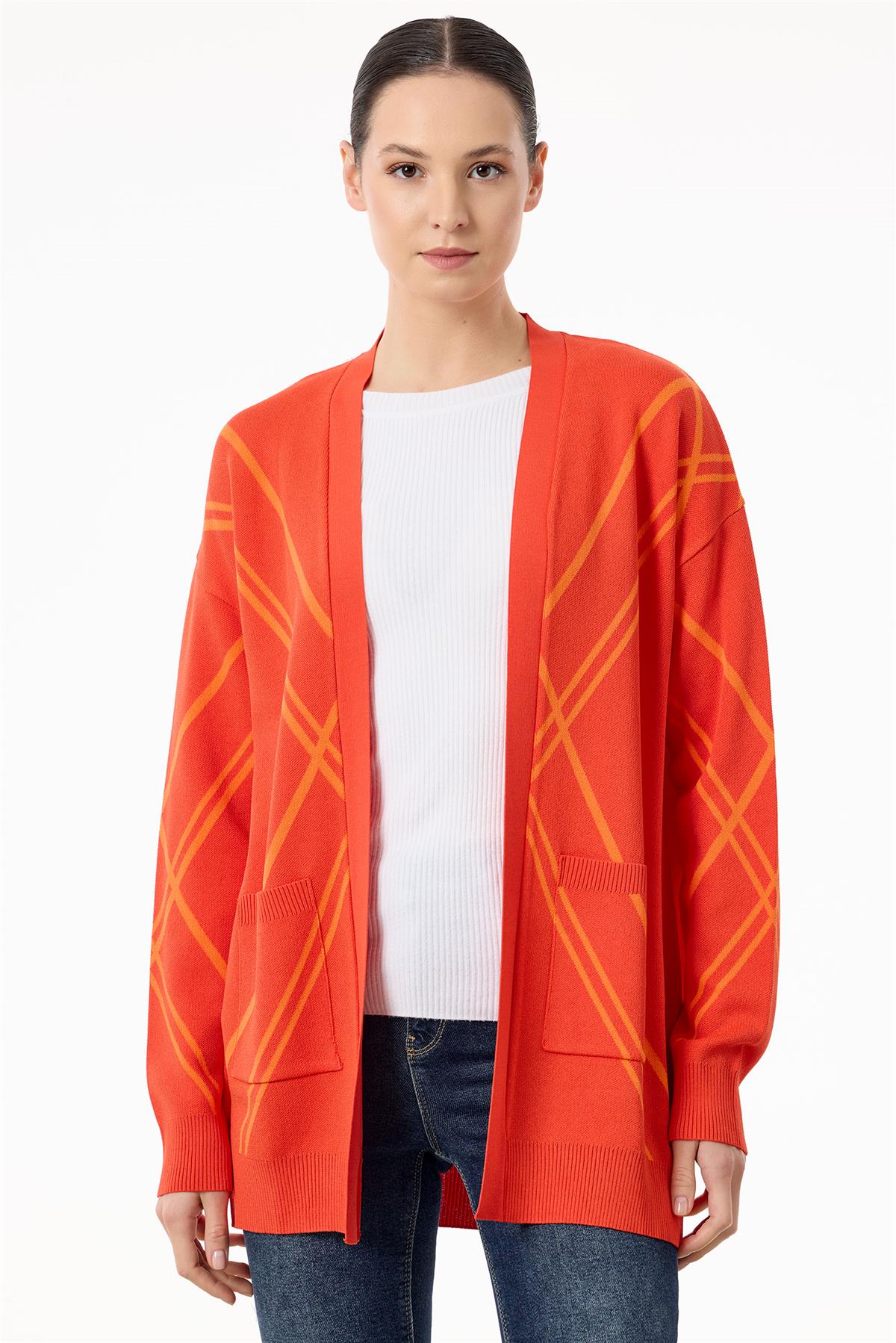 Cepli Verev Çizgili Rayon Hırka MERCAN ORANJ