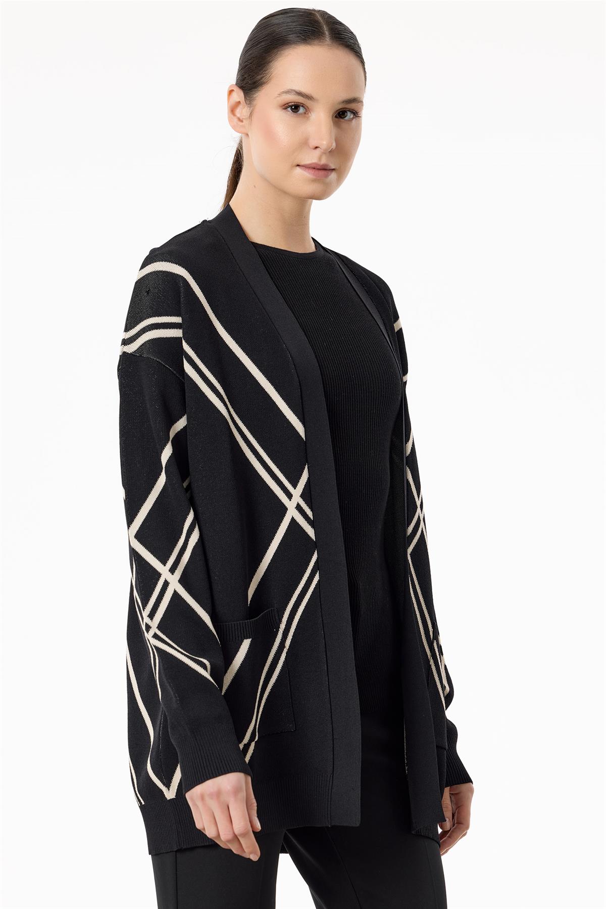 Cepli Verev Çizgili Rayon Hırka SİYAH-BEJ