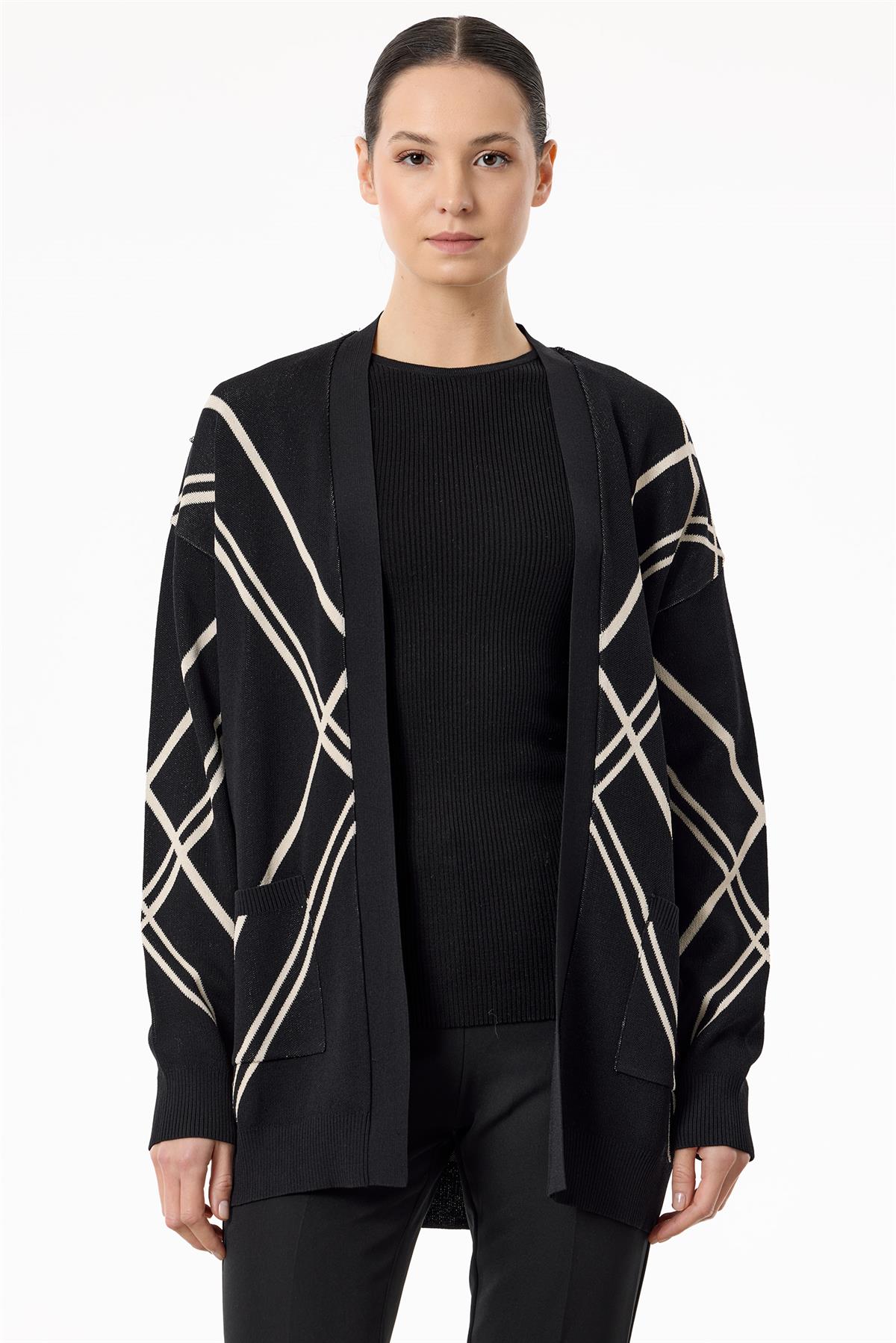 Cepli Verev Çizgili Rayon Hırka SİYAH-BEJ