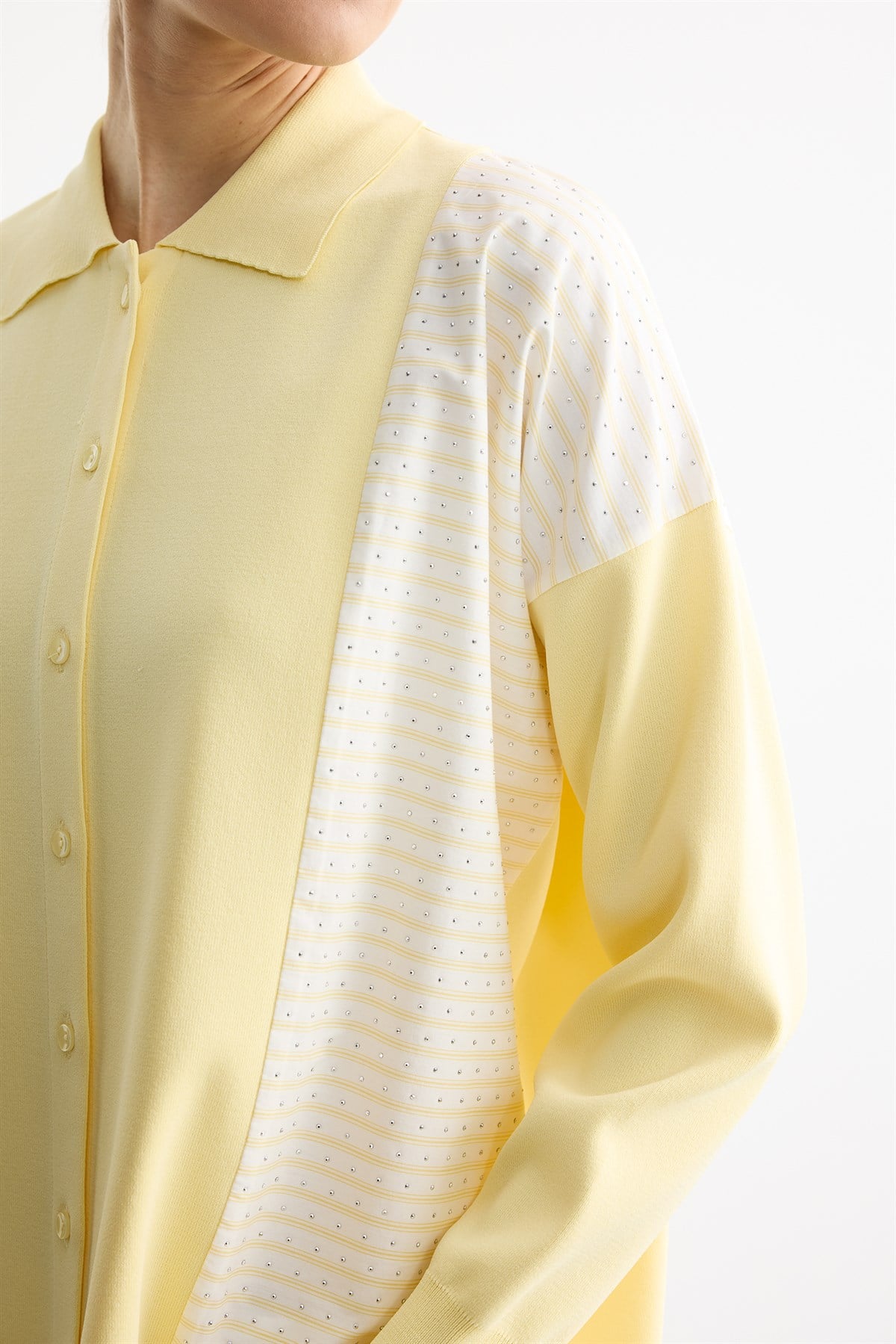 Çizgi Desenli Taşlı Kumaş Mixli Düğmeli Rayon Tunik SARI