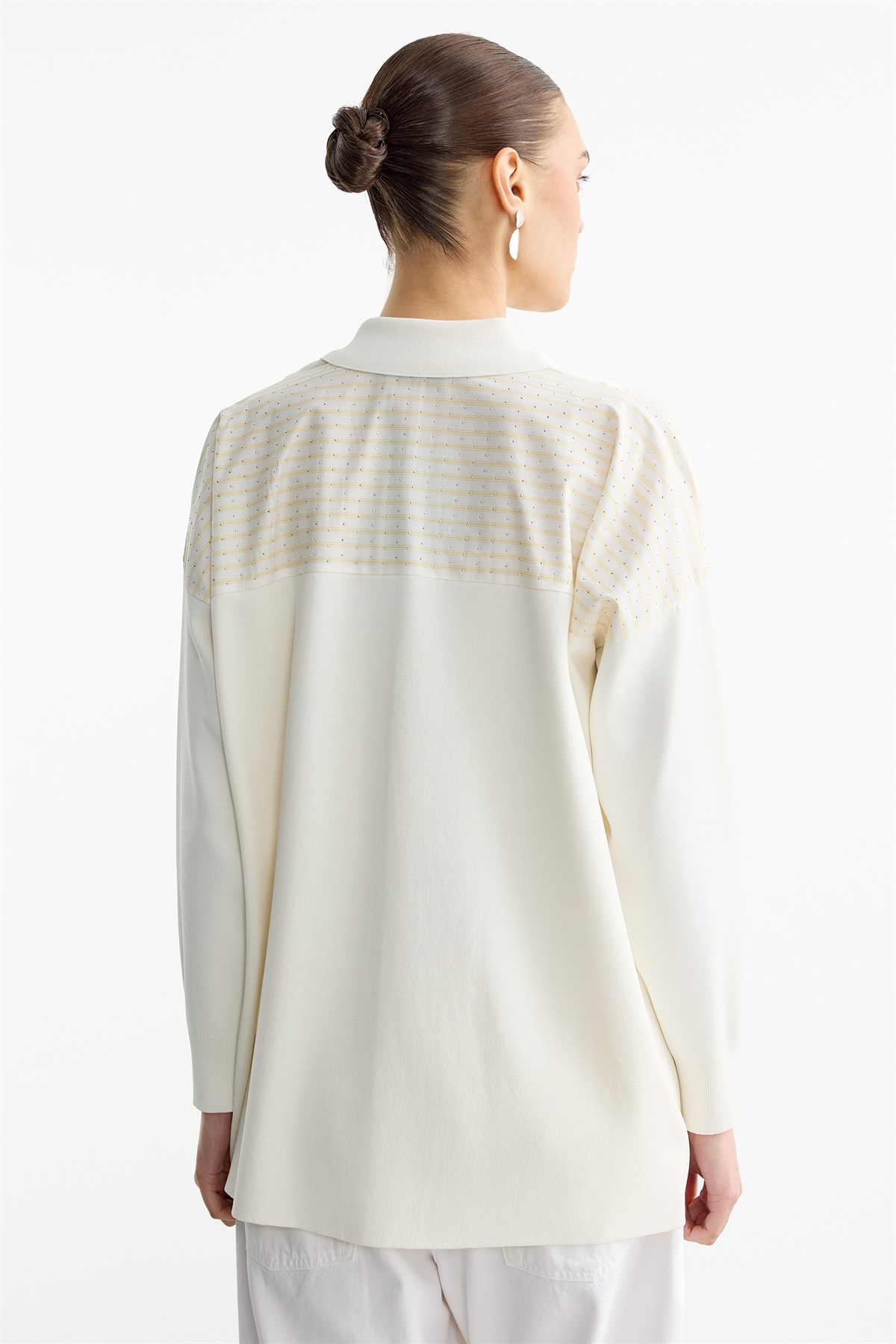 Çizgi Desenli Taşlı Kumaş Mixli Düğmeli Rayon Tunik EKRU