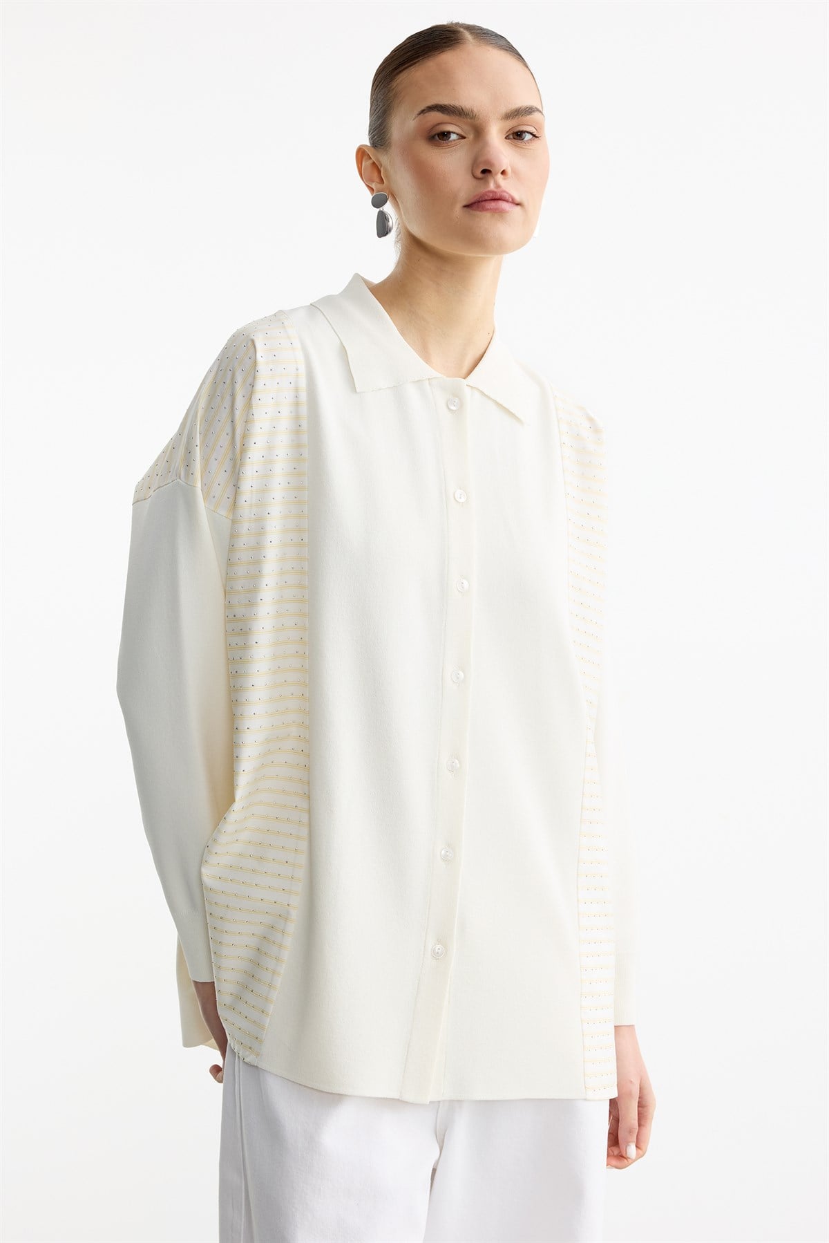 Çizgi Desenli Taşlı Kumaş Mixli Düğmeli Rayon Tunik EKRU