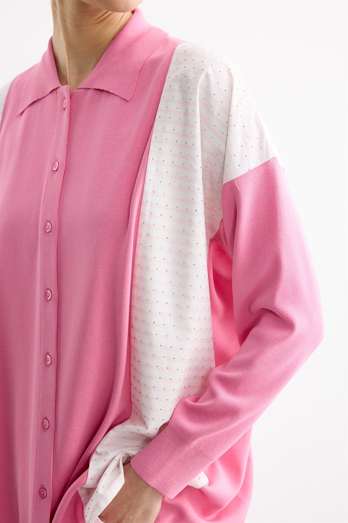 Çizgi Desenli Taşlı Kumaş Mixli Düğmeli Rayon Tunik KOYUPEMBE