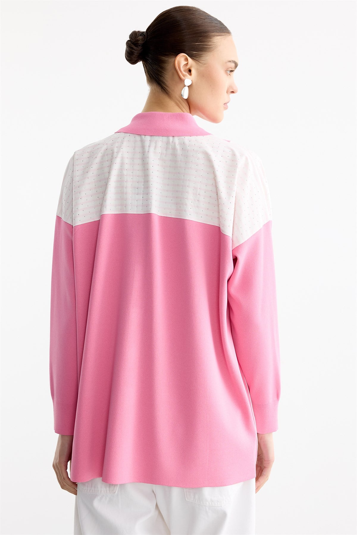 Çizgi Desenli Taşlı Kumaş Mixli Düğmeli Rayon Tunik KOYUPEMBE