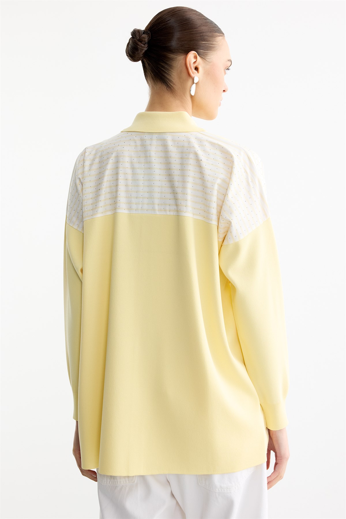 Çizgi Desenli Taşlı Kumaş Mixli Düğmeli Rayon Tunik SARI