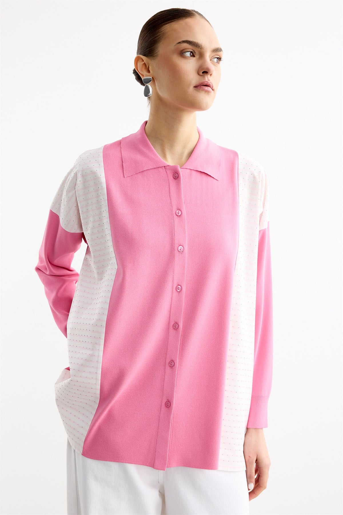 Çizgi Desenli Taşlı Kumaş Mixli Düğmeli Rayon Tunik KOYUPEMBE