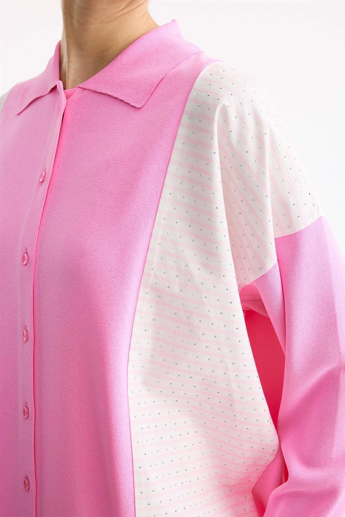 Çizgi Desenli Taşlı Kumaş Mixli Düğmeli Rayon Tunik AÇIK PEMBE