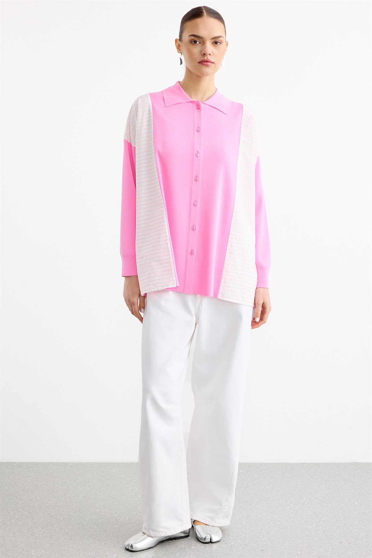 Çizgi Desenli Taşlı Kumaş Mixli Düğmeli Rayon Tunik AÇIK PEMBE