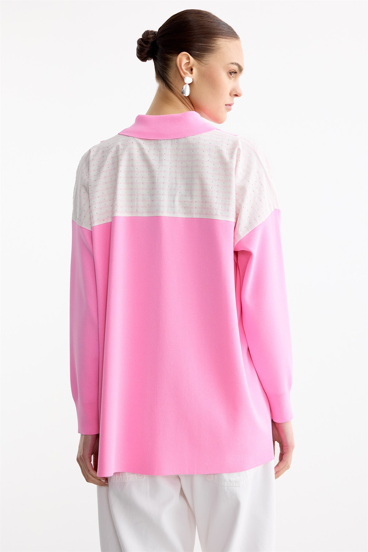 Çizgi Desenli Taşlı Kumaş Mixli Düğmeli Rayon Tunik AÇIK PEMBE