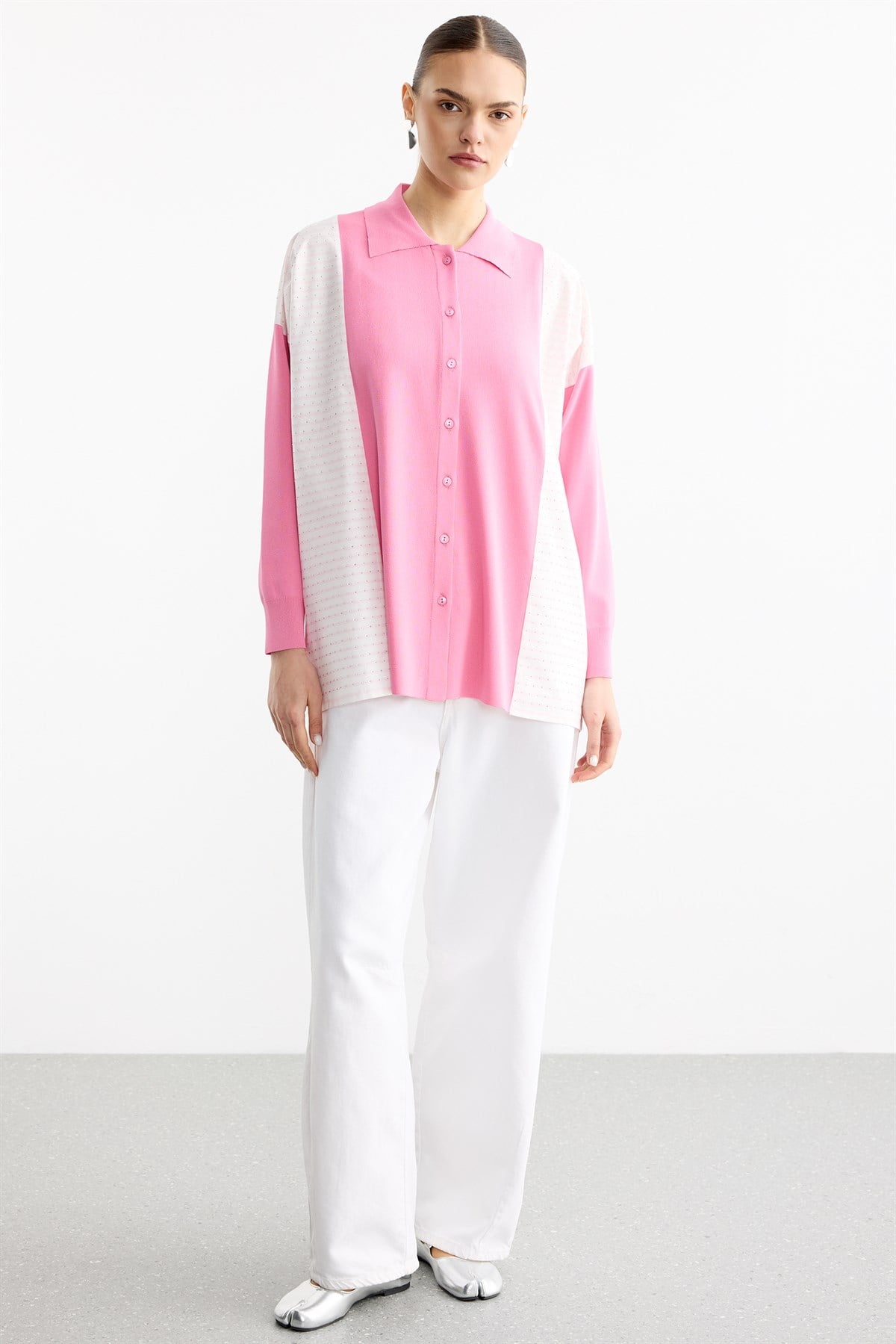 Çizgi Desenli Taşlı Kumaş Mixli Düğmeli Rayon Tunik KOYUPEMBE