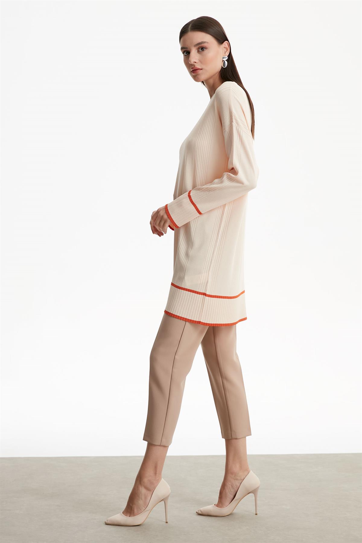 ÇİZGİ DETAYLI RAYON TUNİK BEJ