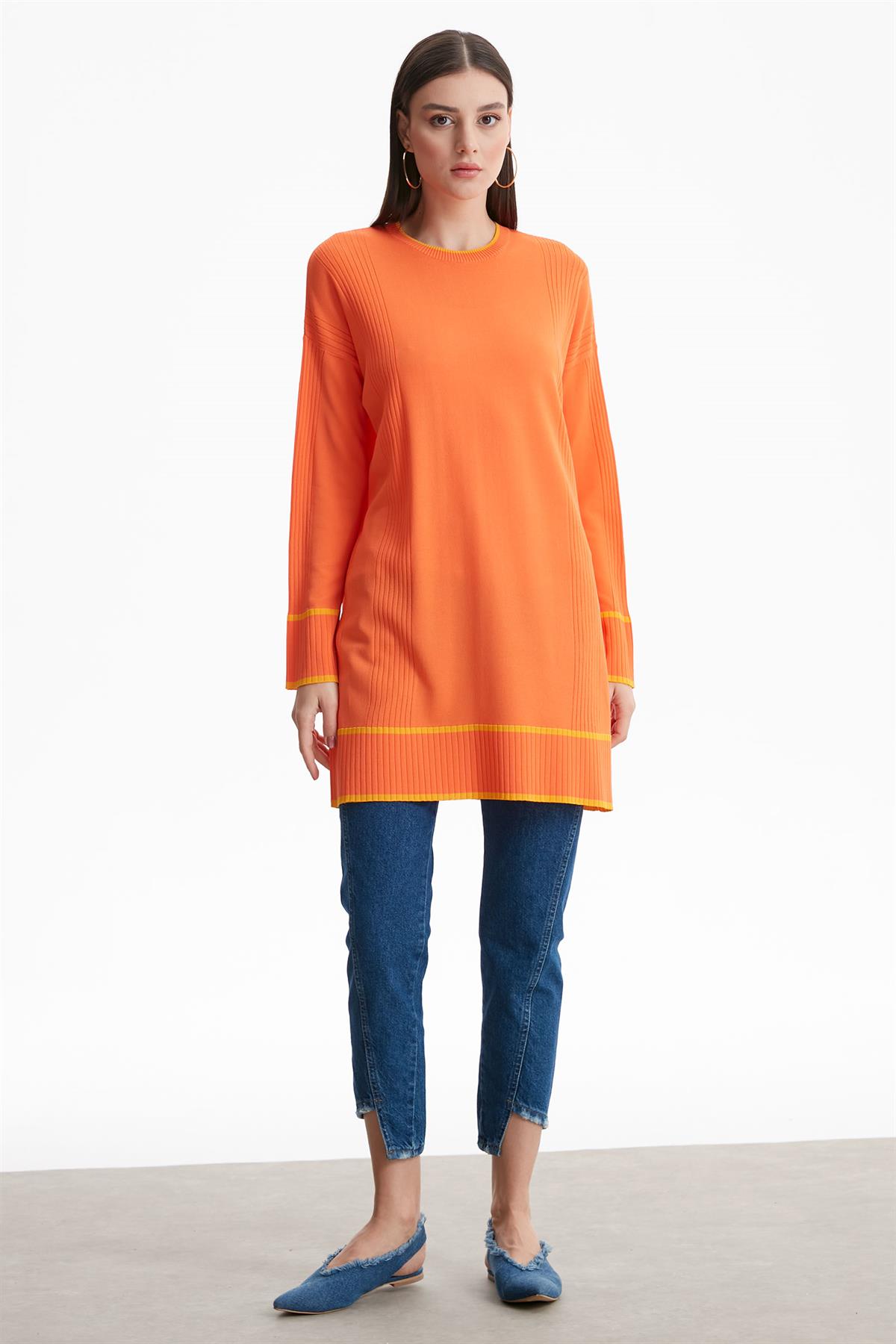 ÇİZGİ DETAYLI RAYON TUNİK ORANJ