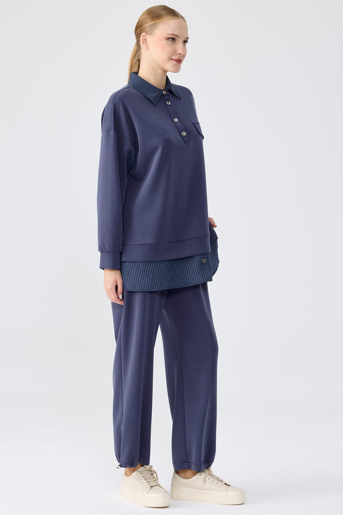 Çizgili Kombinli Sweat Tunik Pantolon Takım LACİVERT