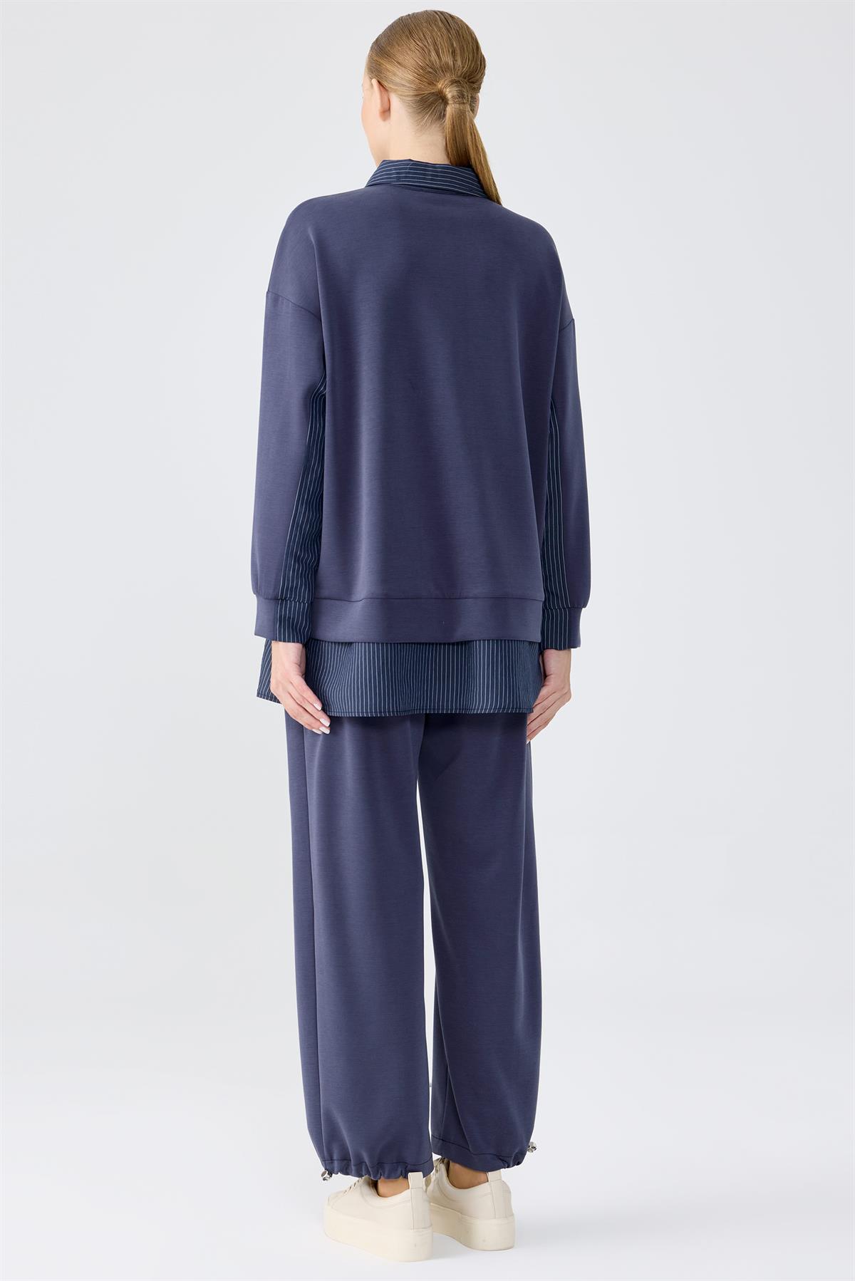 Çizgili Kombinli Sweat Tunik Pantolon Takım LACİVERT
