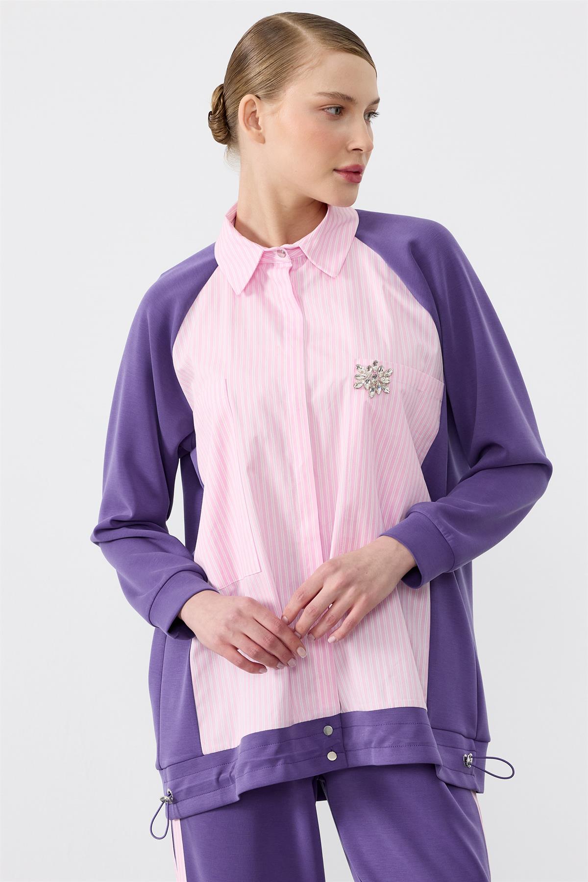 Çizgili Poplin Mix Pantolonlu Takim MOR