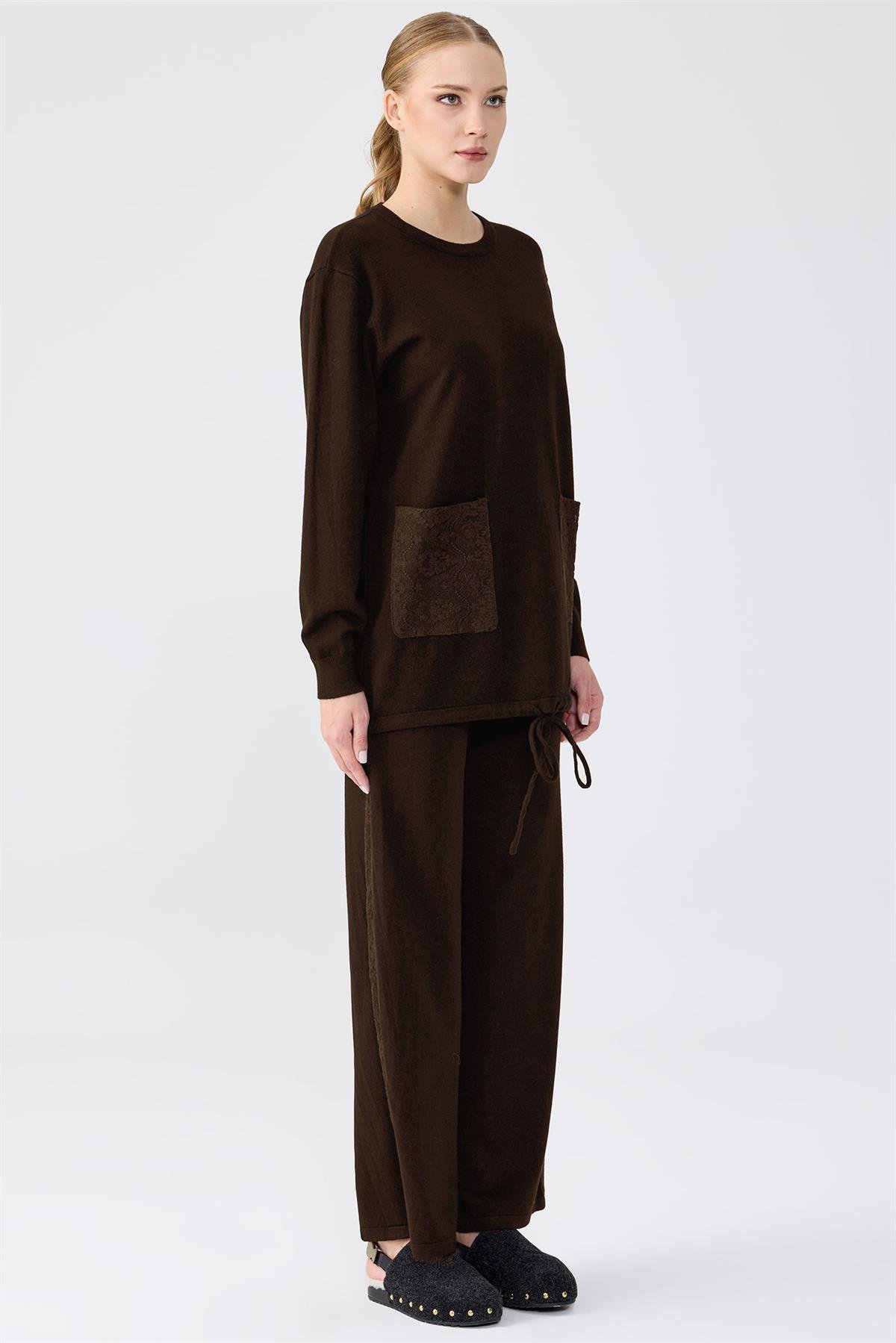 Dantel Detaylı Pantolonlu Triko Takım KAHVE