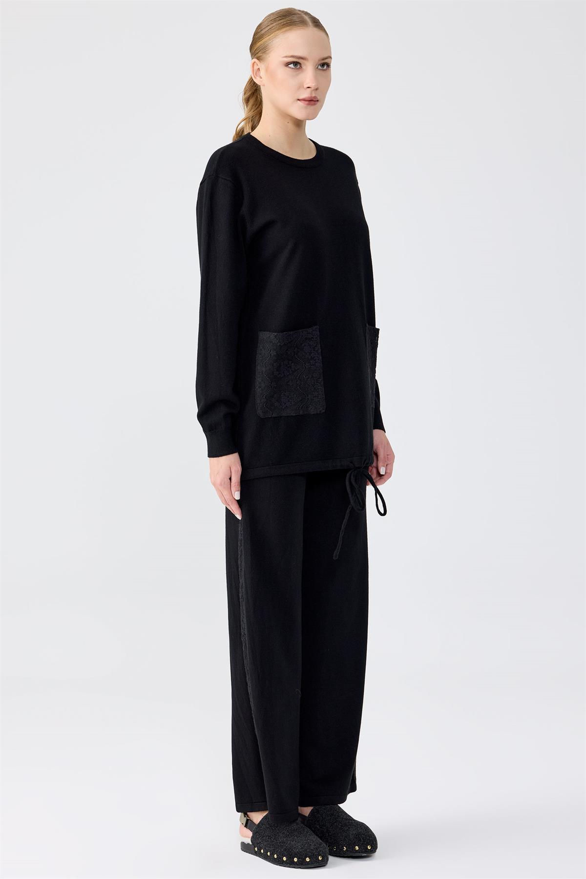 Dantel Detaylı Pantolonlu Triko Takım SİYAH