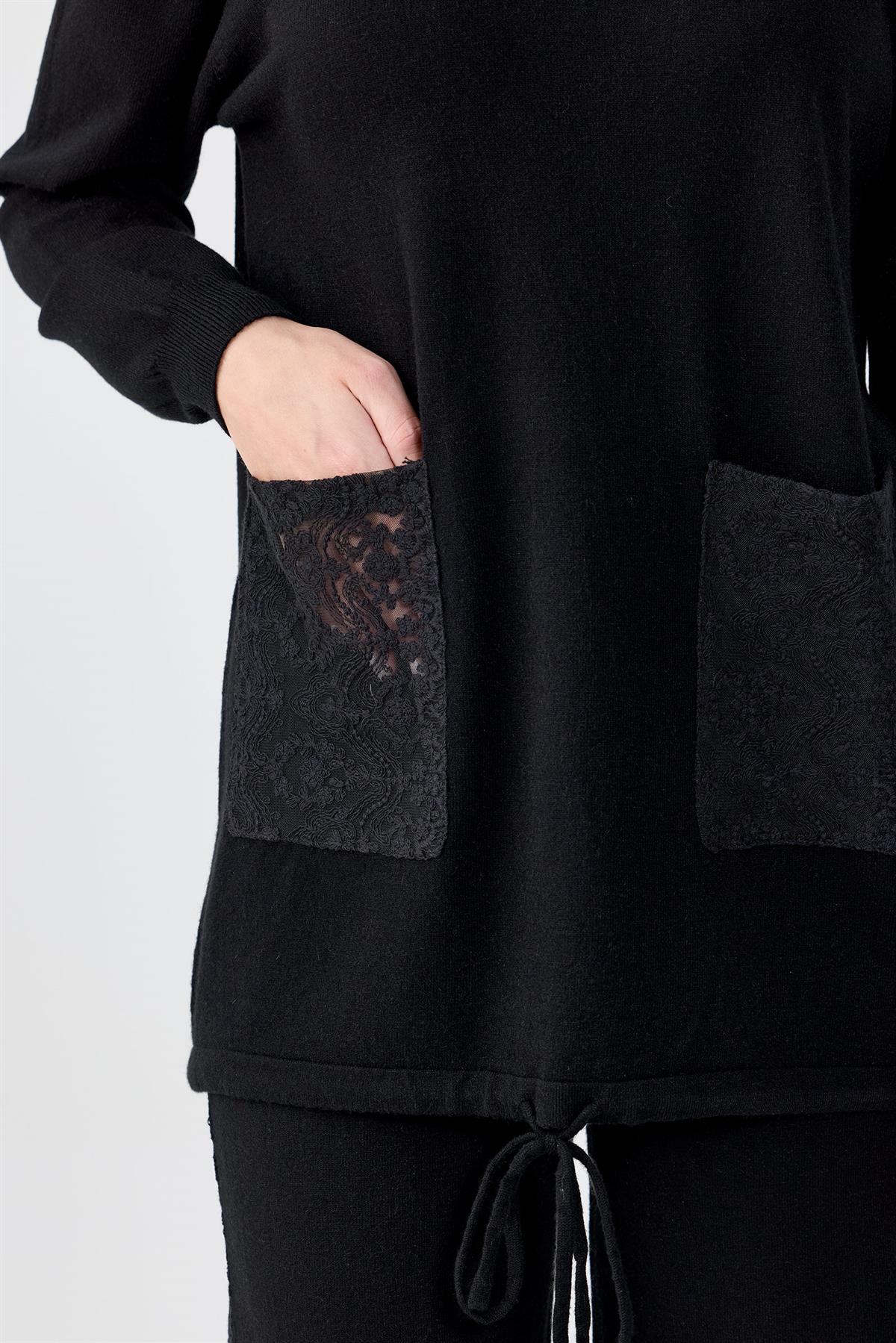 Dantel Detaylı Pantolonlu Triko Takım SİYAH