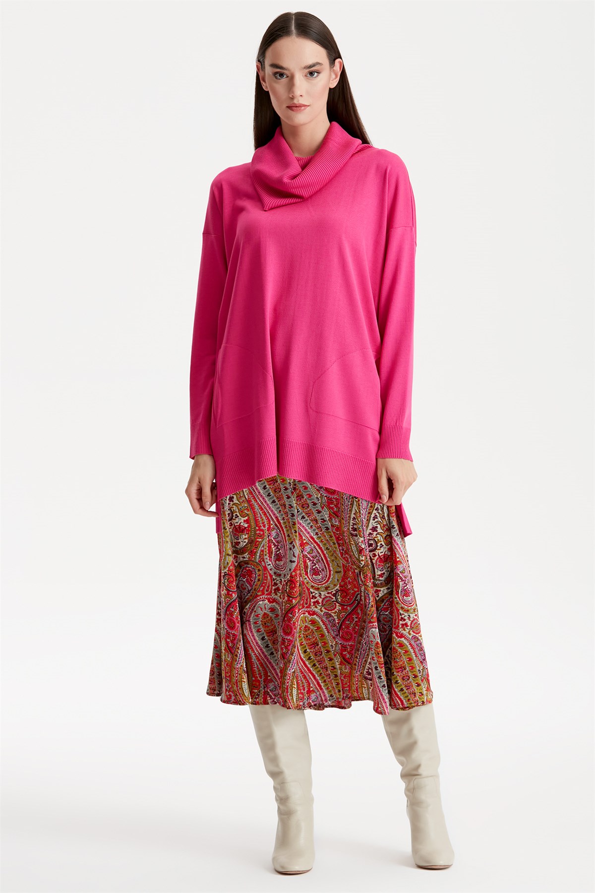 DEGAJE YAKA TRİKO TUNİK FUŞYA