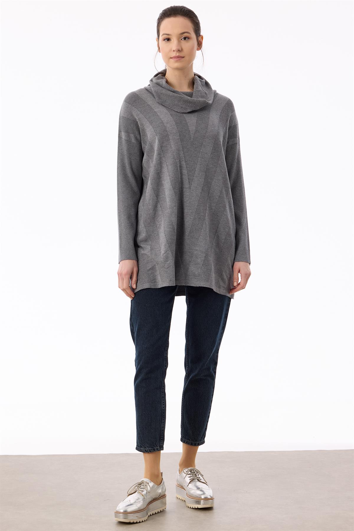 Degaje Yaka Triko Tunik GRİ