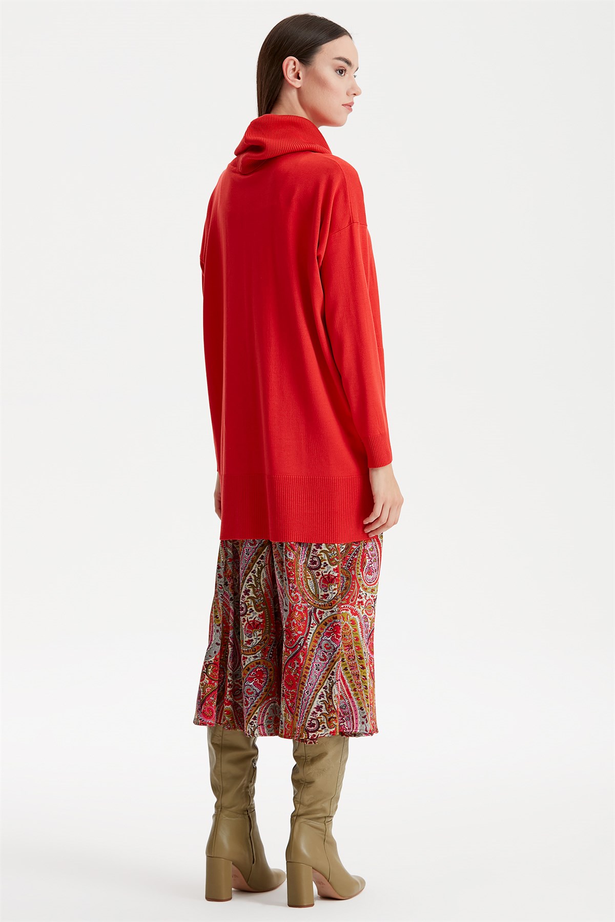 DEGAJE YAKA TRİKO TUNİK KIRMIZI