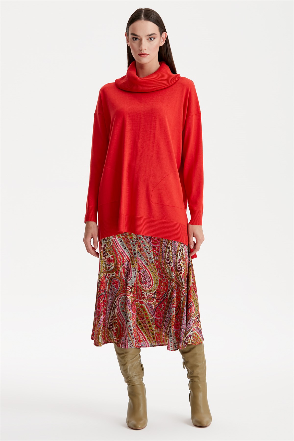 DEGAJE YAKA TRİKO TUNİK KIRMIZI