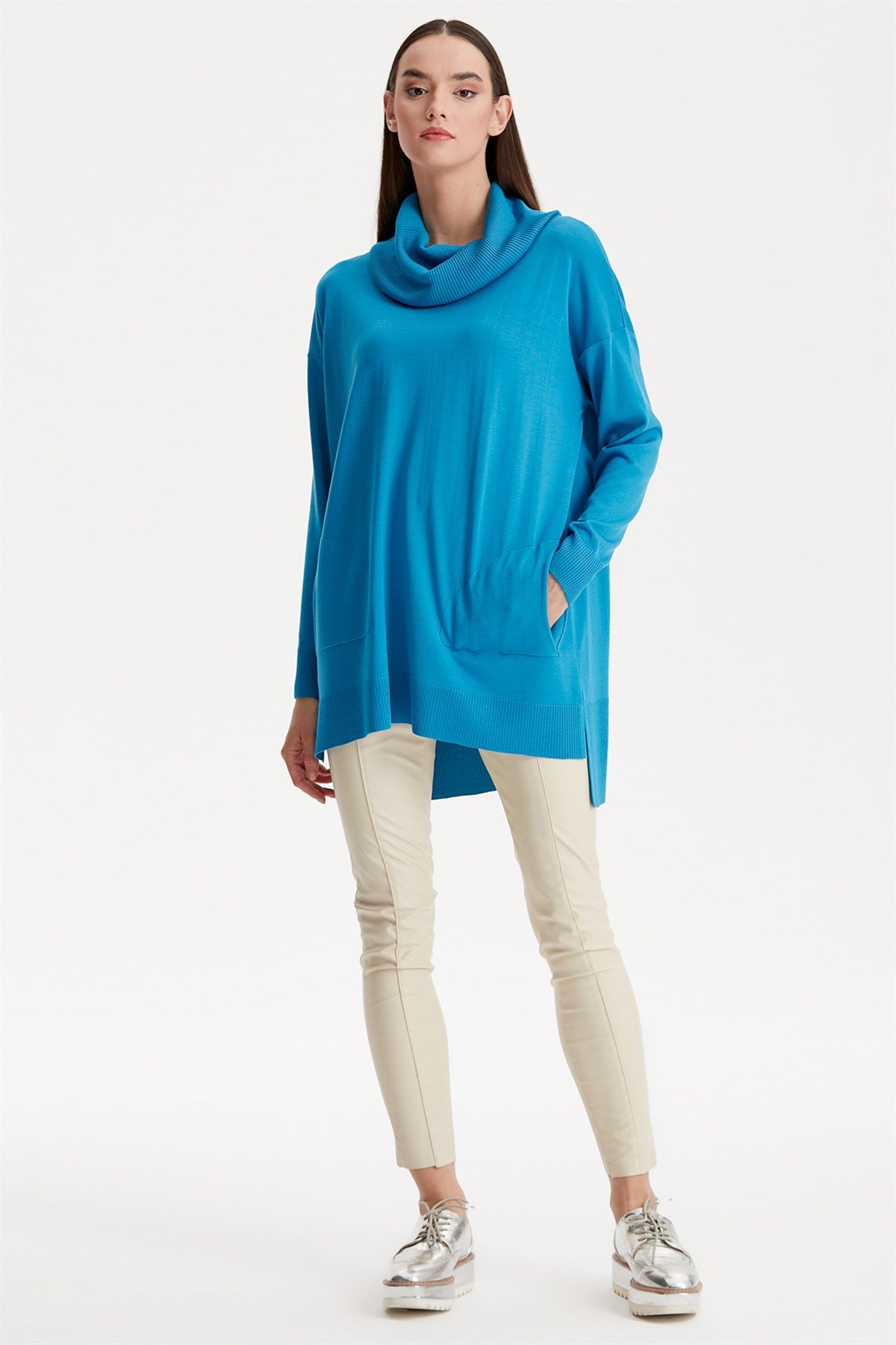 DEGAJE YAKA TRİKO TUNİK MAVİ