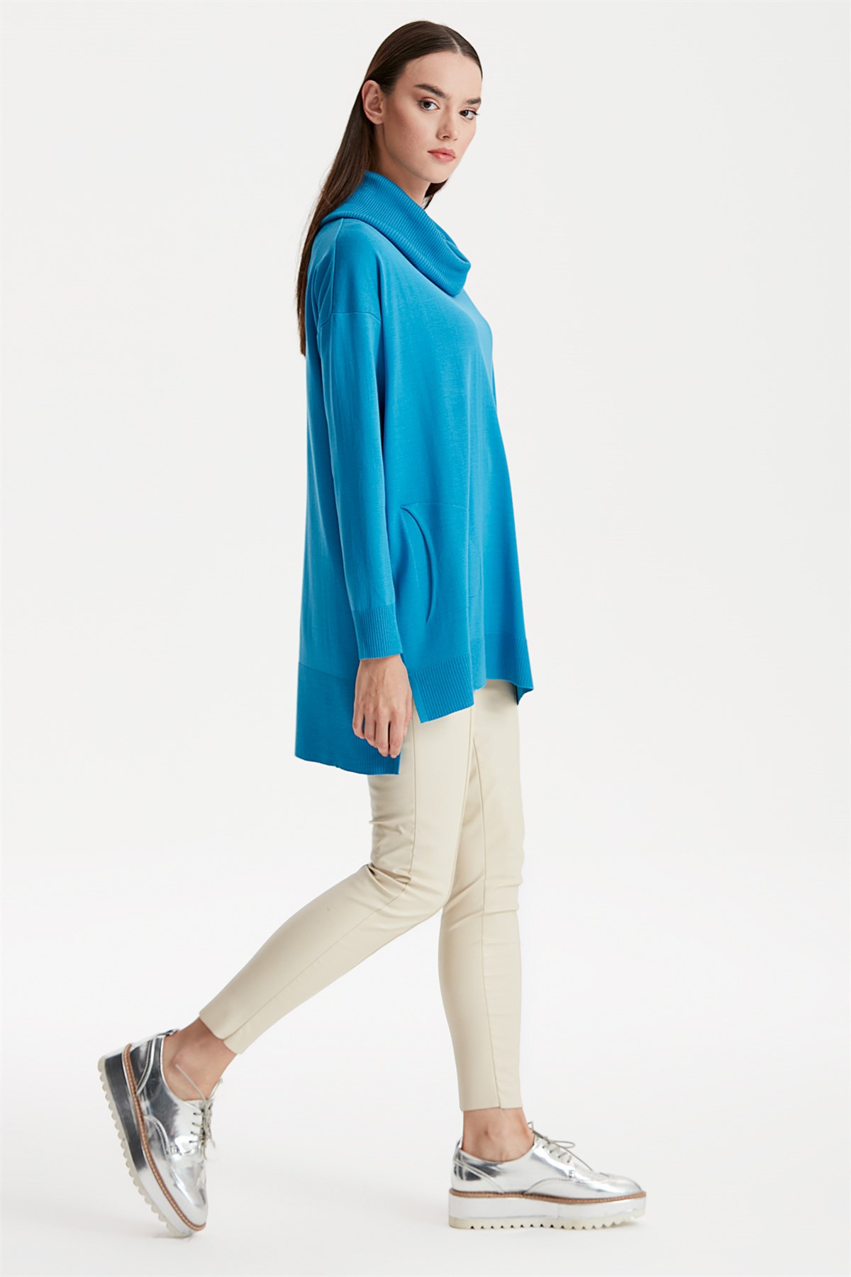 DEGAJE YAKA TRİKO TUNİK MAVİ