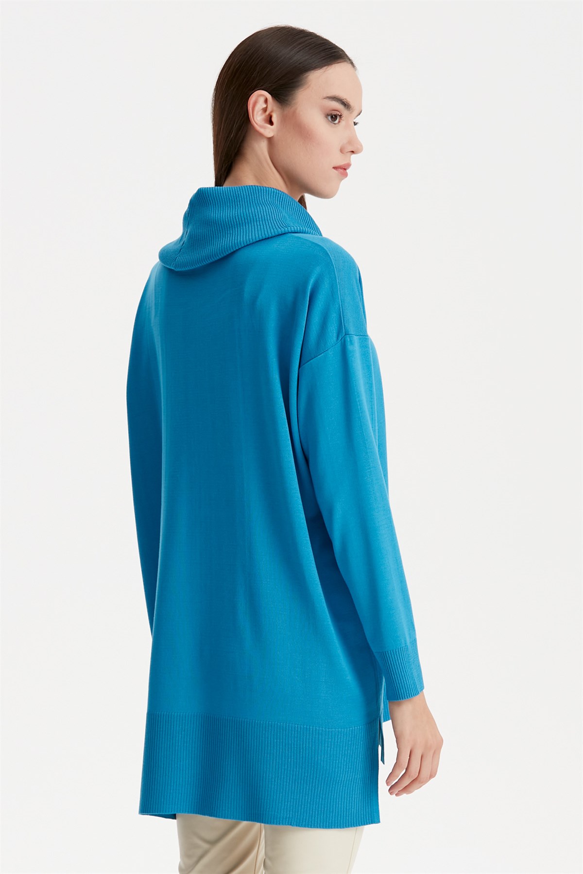 DEGAJE YAKA TRİKO TUNİK MAVİ