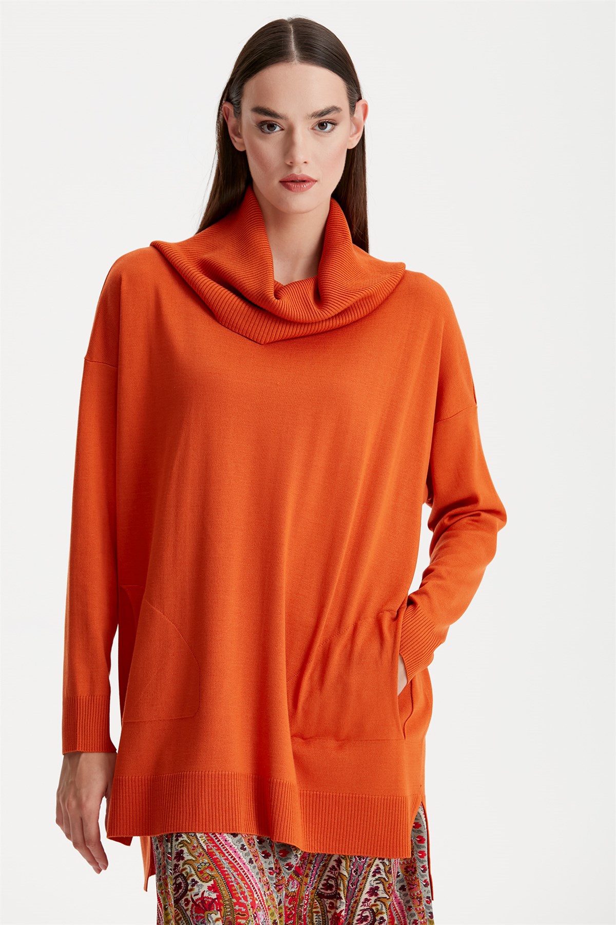 DEGAJE YAKA TRİKO TUNİK ORANJ