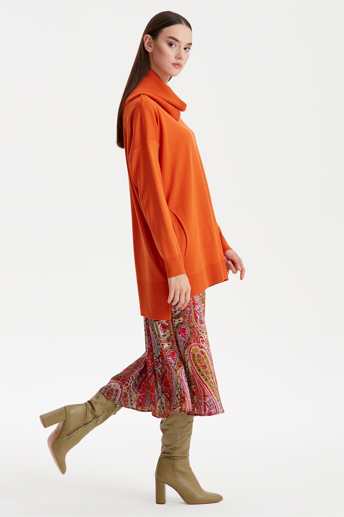 DEGAJE YAKA TRİKO TUNİK ORANJ