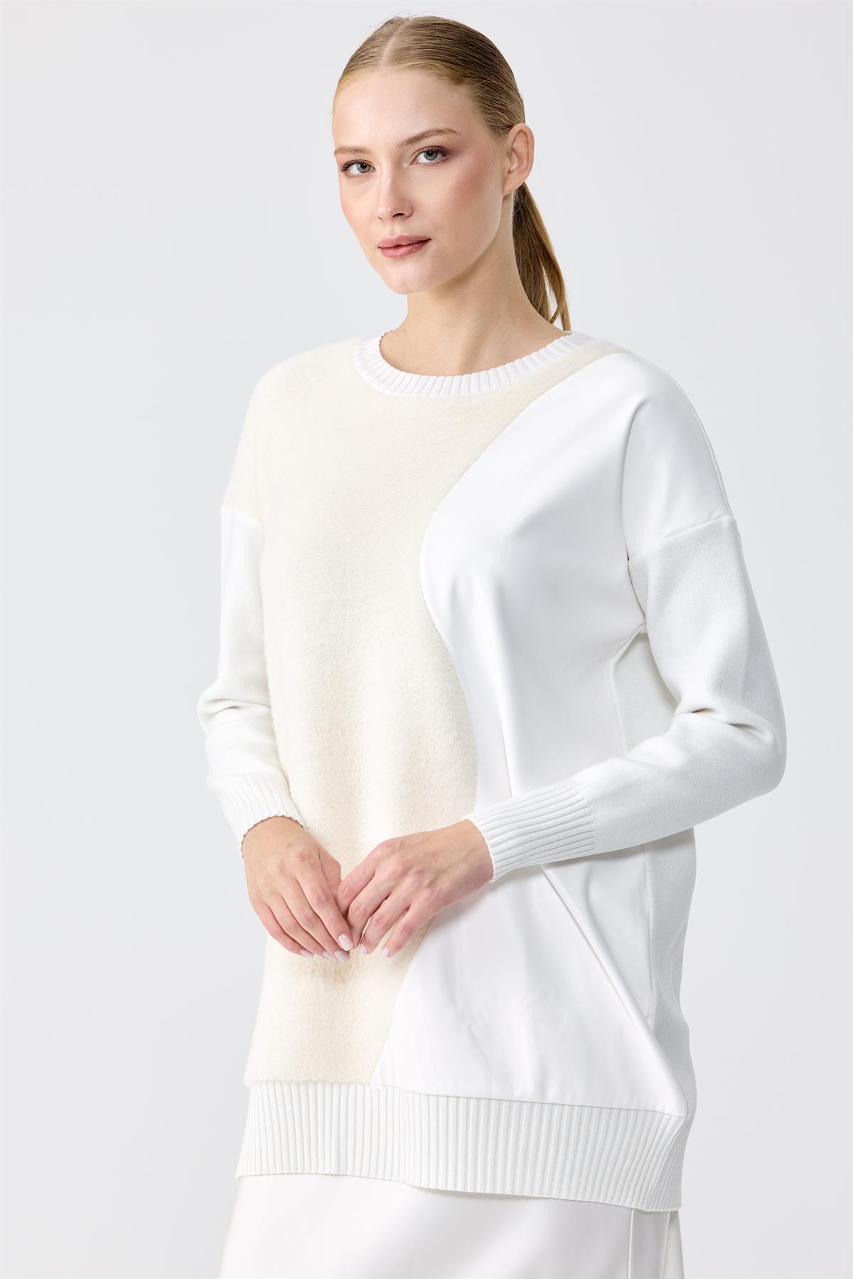 DERİ DETAYLI TRİKO TUNİK EKRU