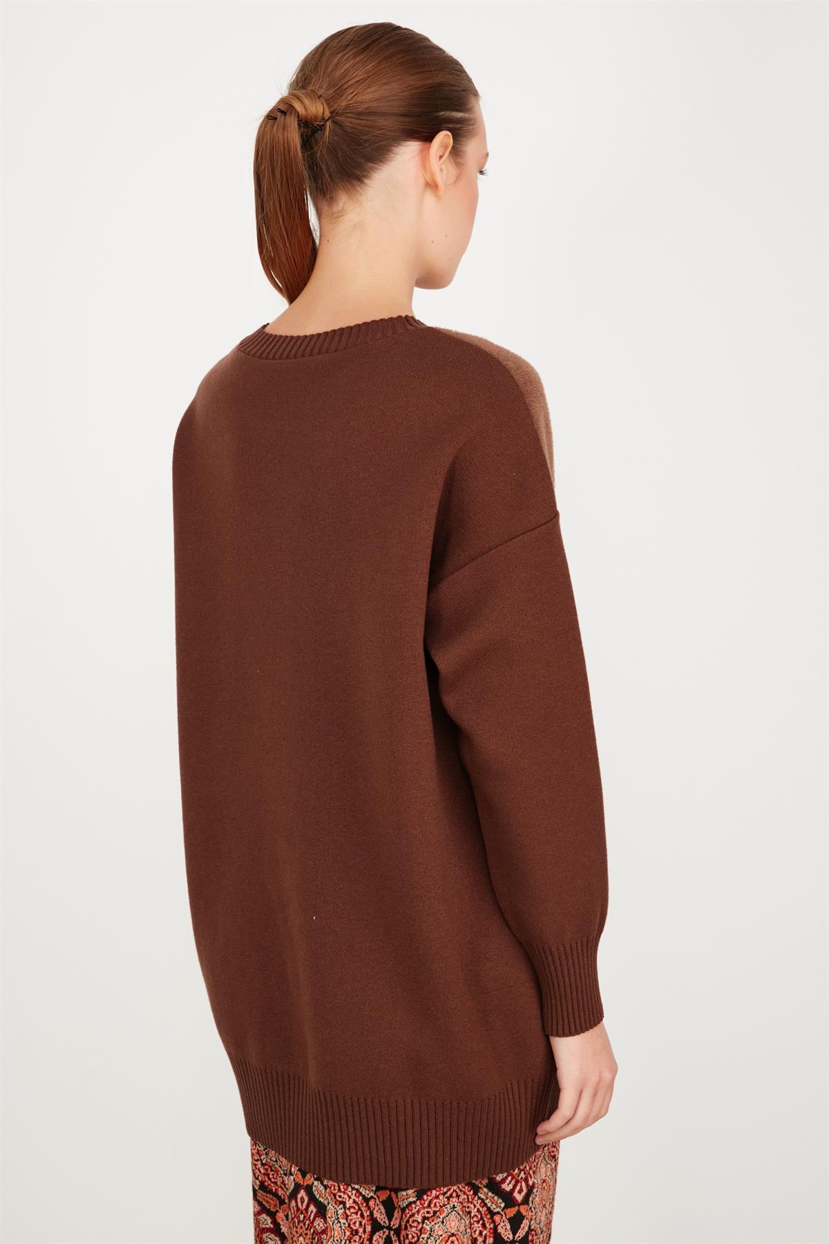 DERİ DETAYLI TRİKO TUNİK KAHVE