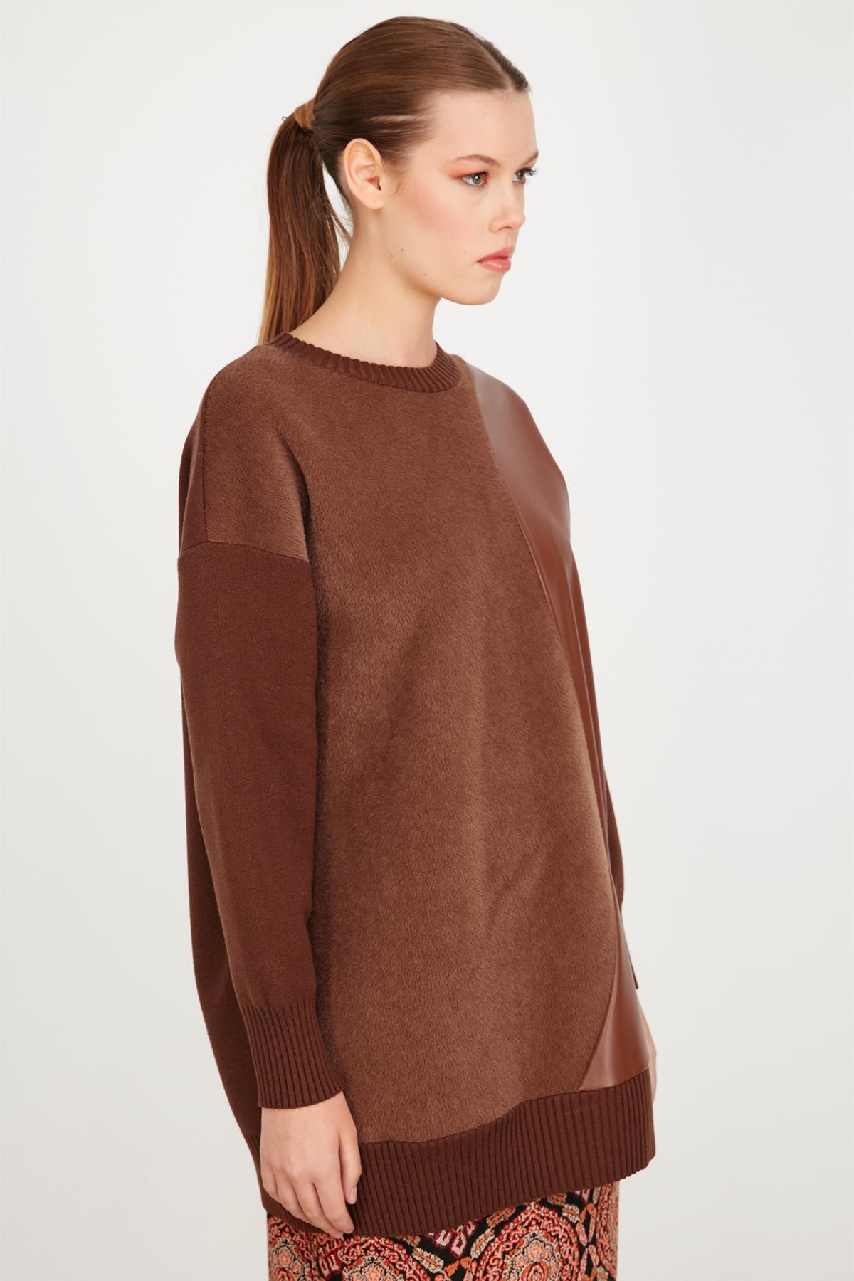 DERİ DETAYLI TRİKO TUNİK KAHVE