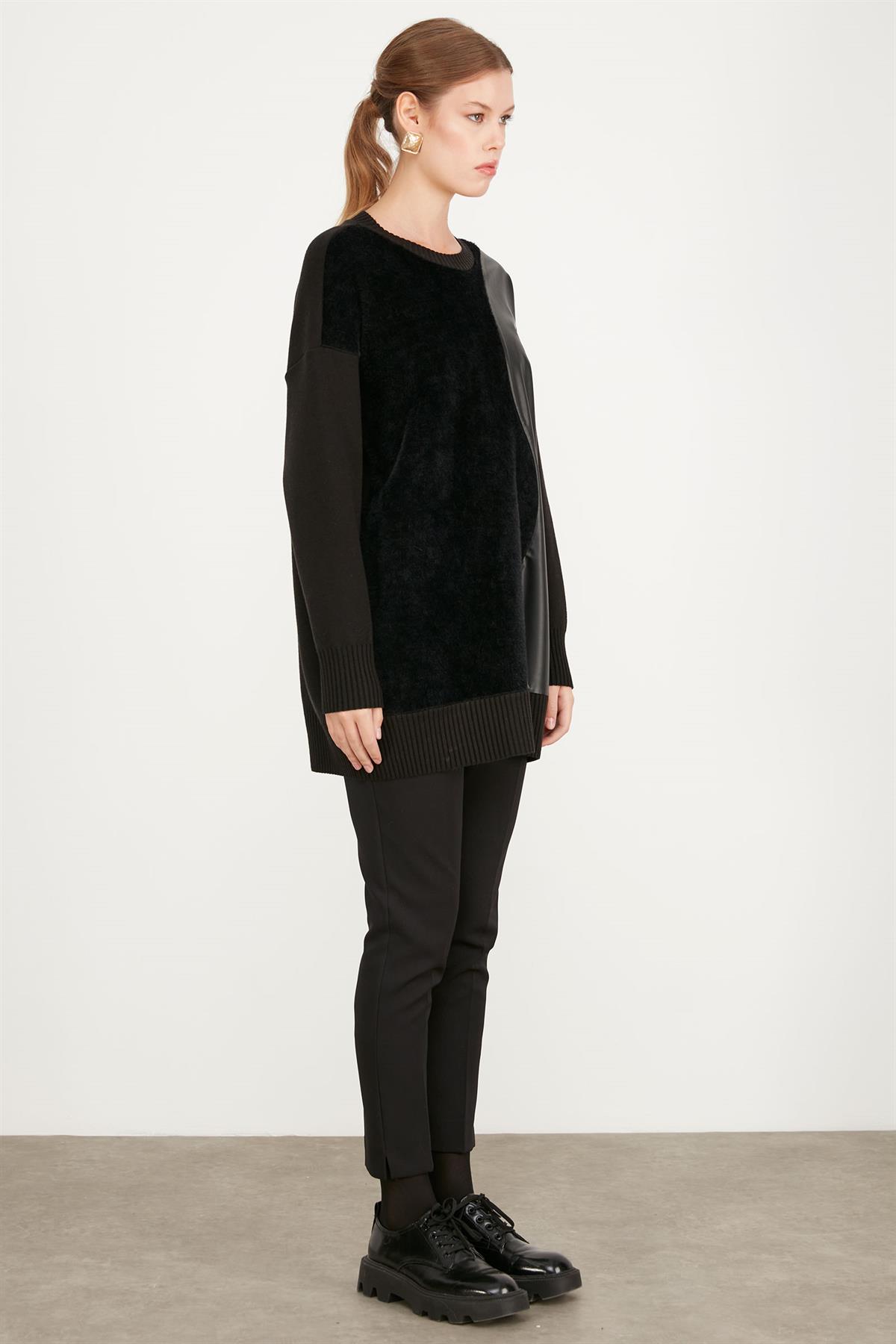 DERİ DETAYLI TRİKO TUNİK SİYAH