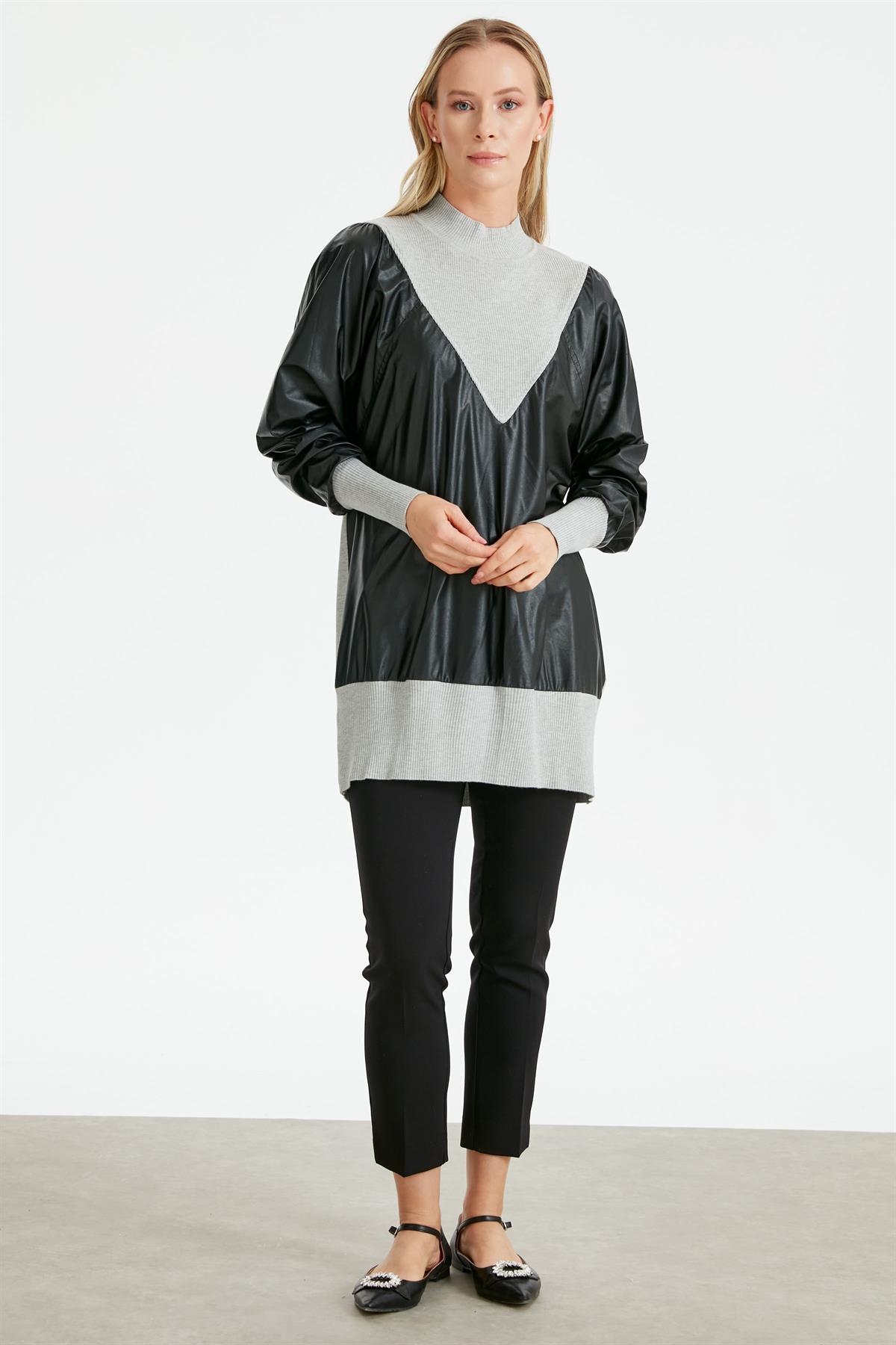 DERİ KOMBİNLİ TRİKO TUNİK GRİ