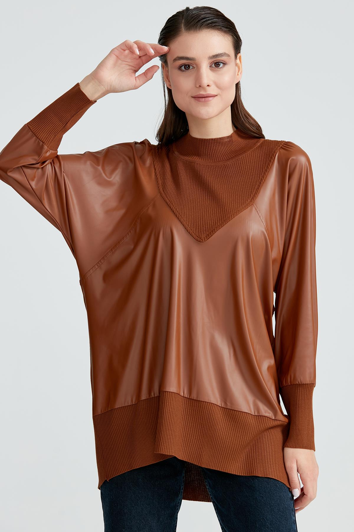 DERİ KOMBİNLİ TRİKO TUNİK KAHVE