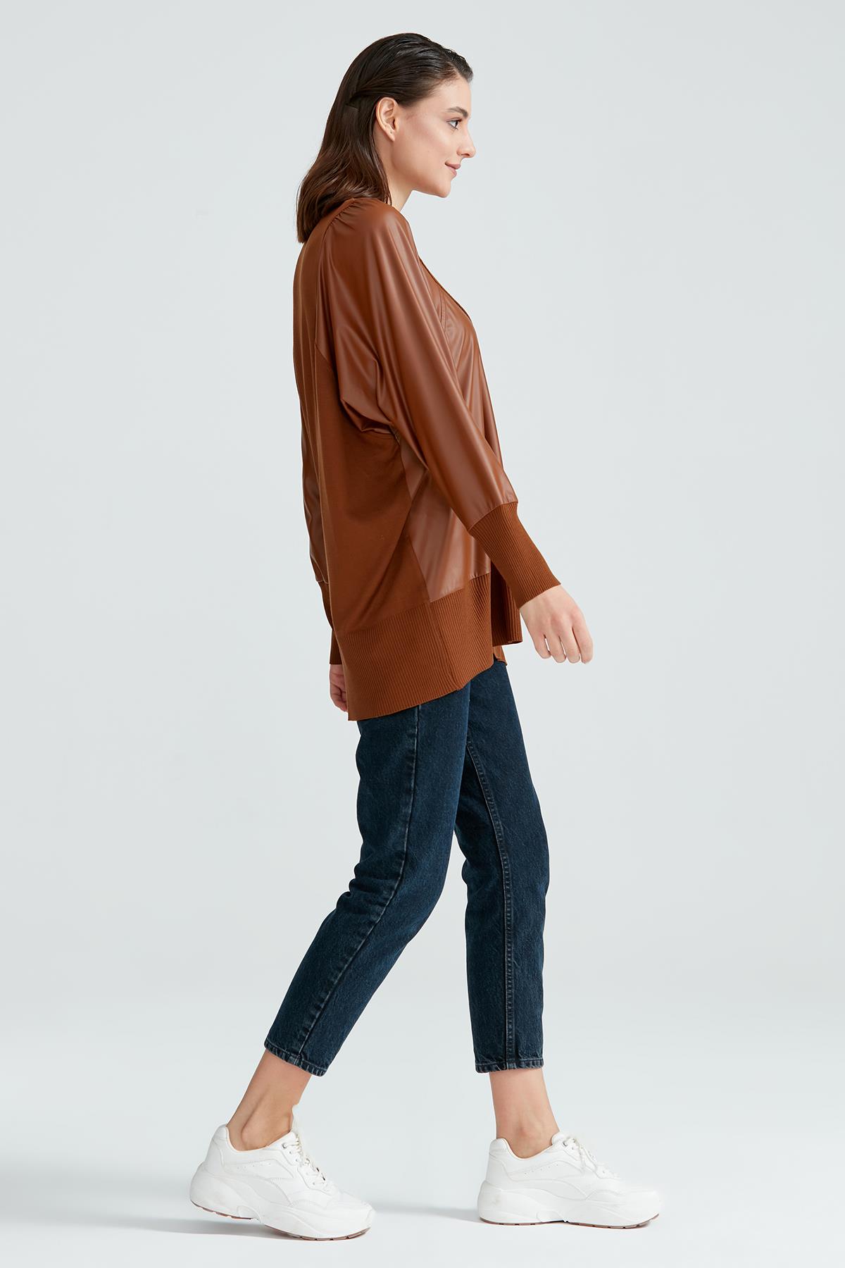 DERİ KOMBİNLİ TRİKO TUNİK KAHVE