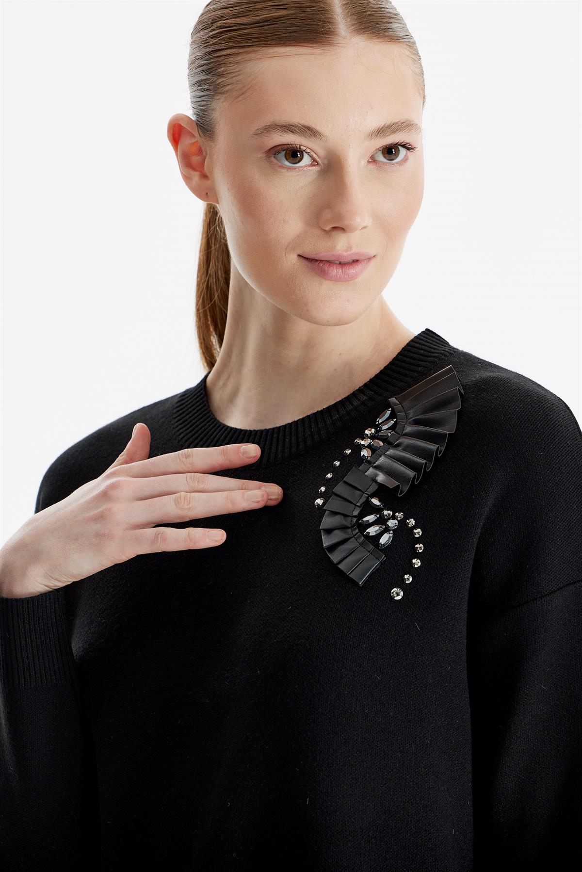 Deri Piliseli Triko Tunik SİYAH