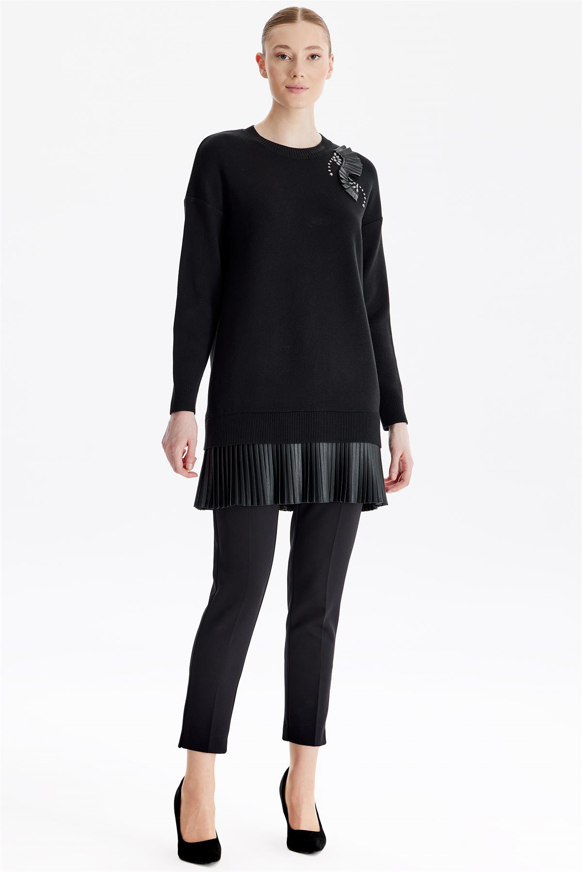 Deri Piliseli Triko Tunik SİYAH