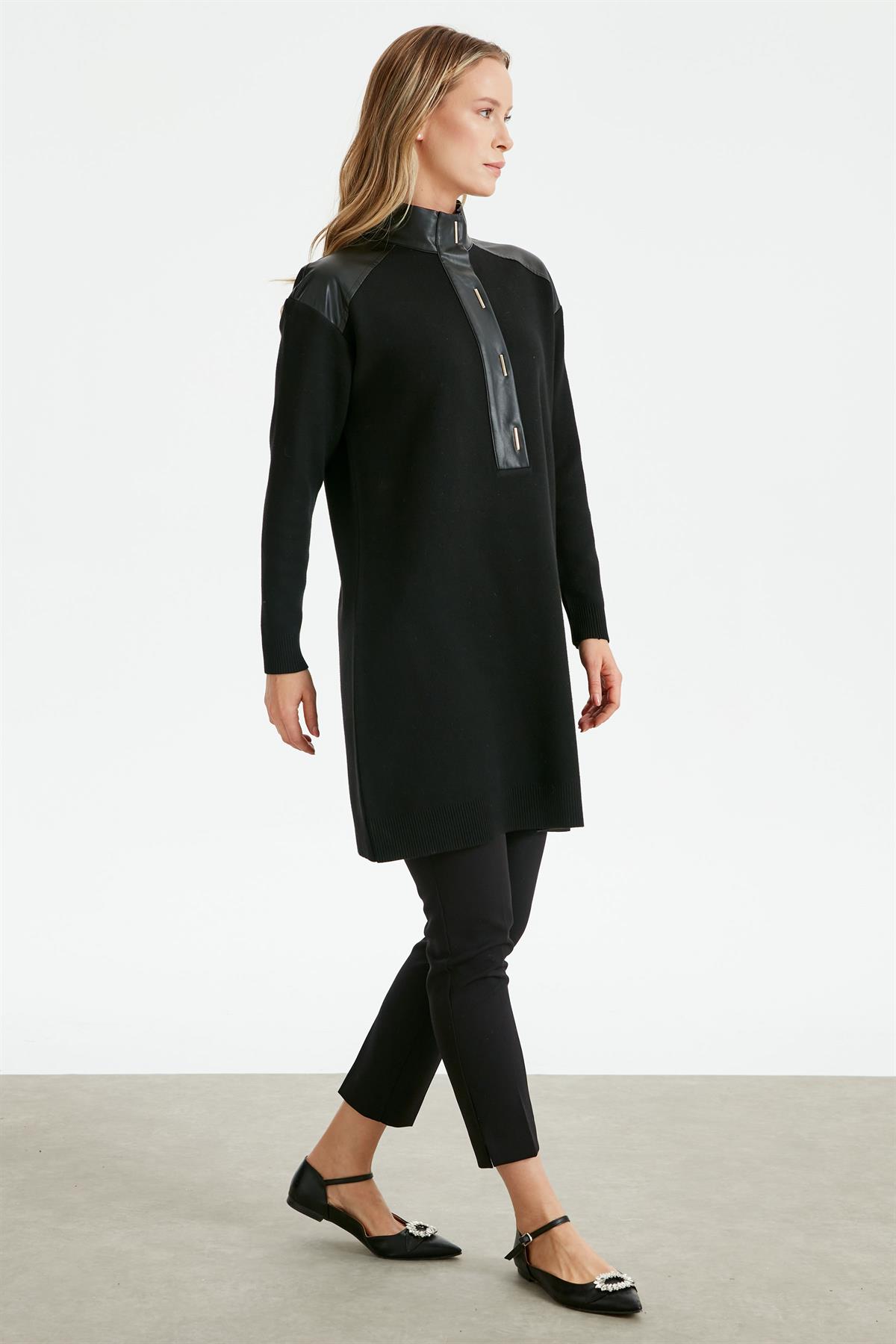 Deri Yarım Patlı Triko Tunik SİYAH