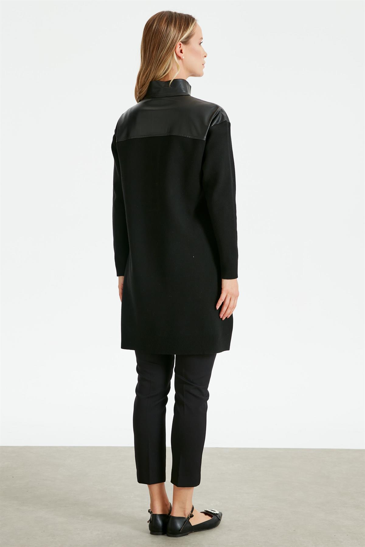 Deri Yarım Patlı Triko Tunik SİYAH