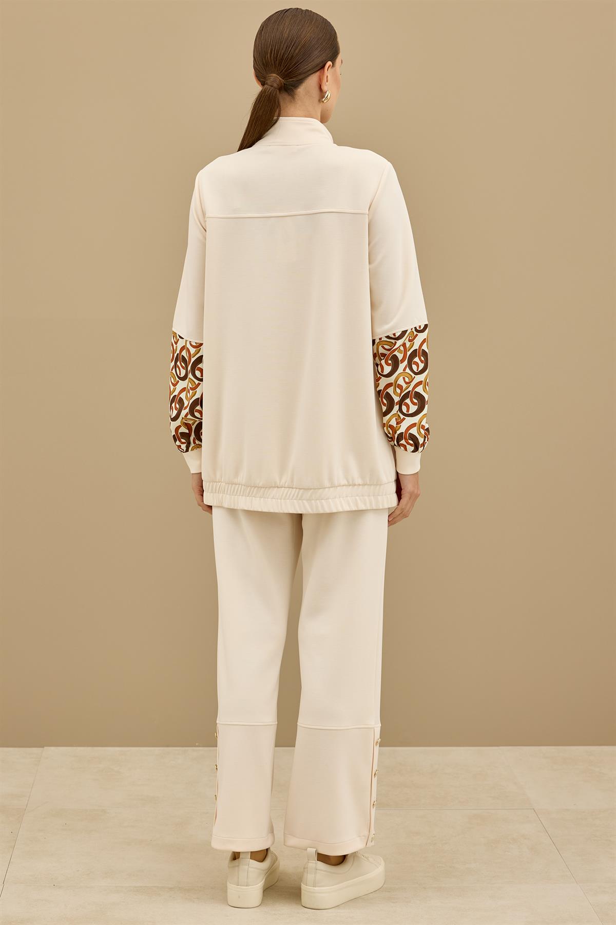 Desenli Kumaş Bloklu Pantolonu Takım BEJ